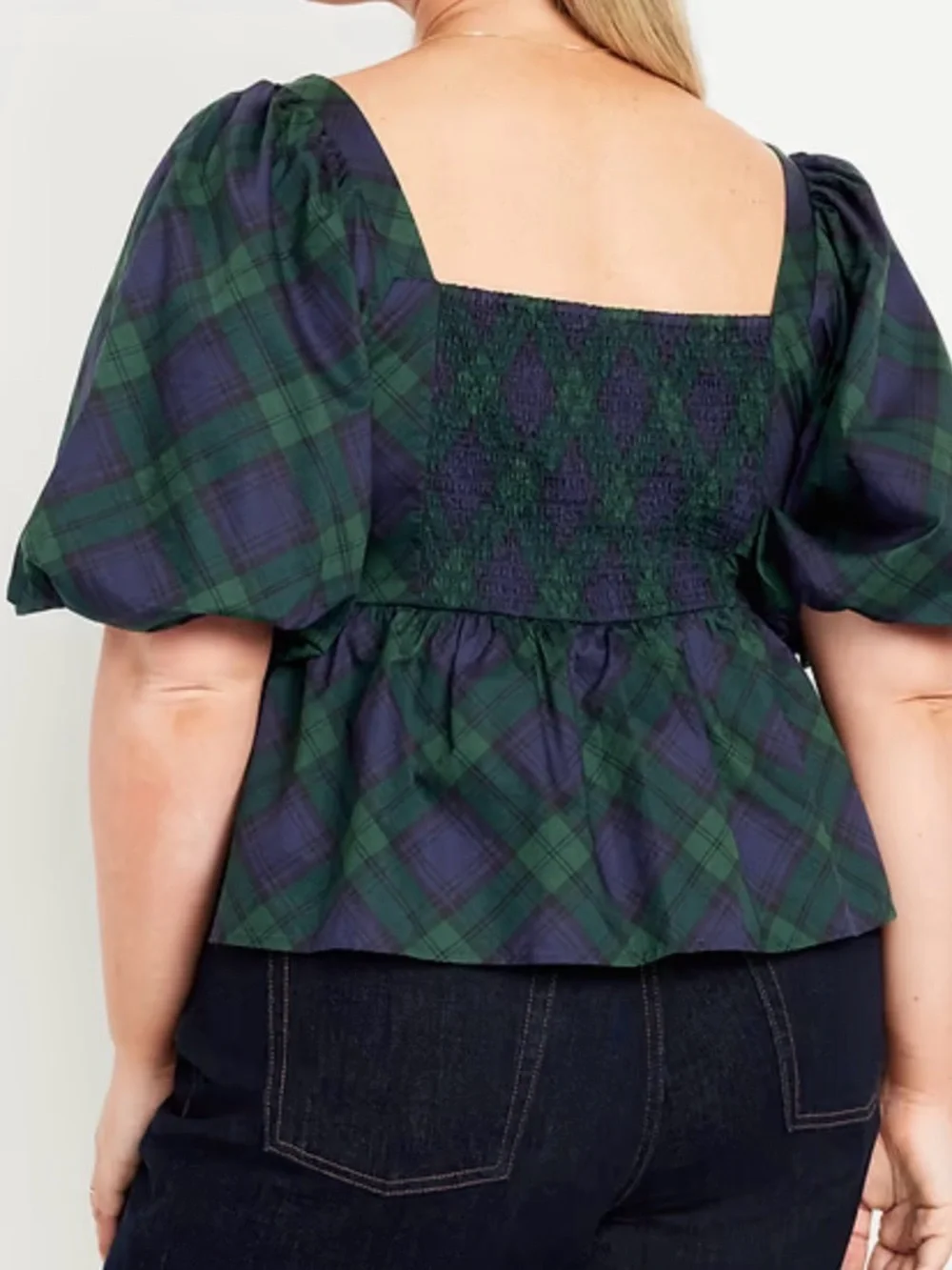 Old Navy Puff-Sleeve Plaid Poplin Peplum Top